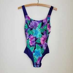 Vintage Maxine Of Hollywood Floral One Piece Scoop Back Swimsuit Bathing Suit